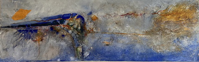 Landschaft 2 , 120 cm x 40 cm, 2020, Öl, Ölkreiden, Acryl, Tusche auf Holzgrund